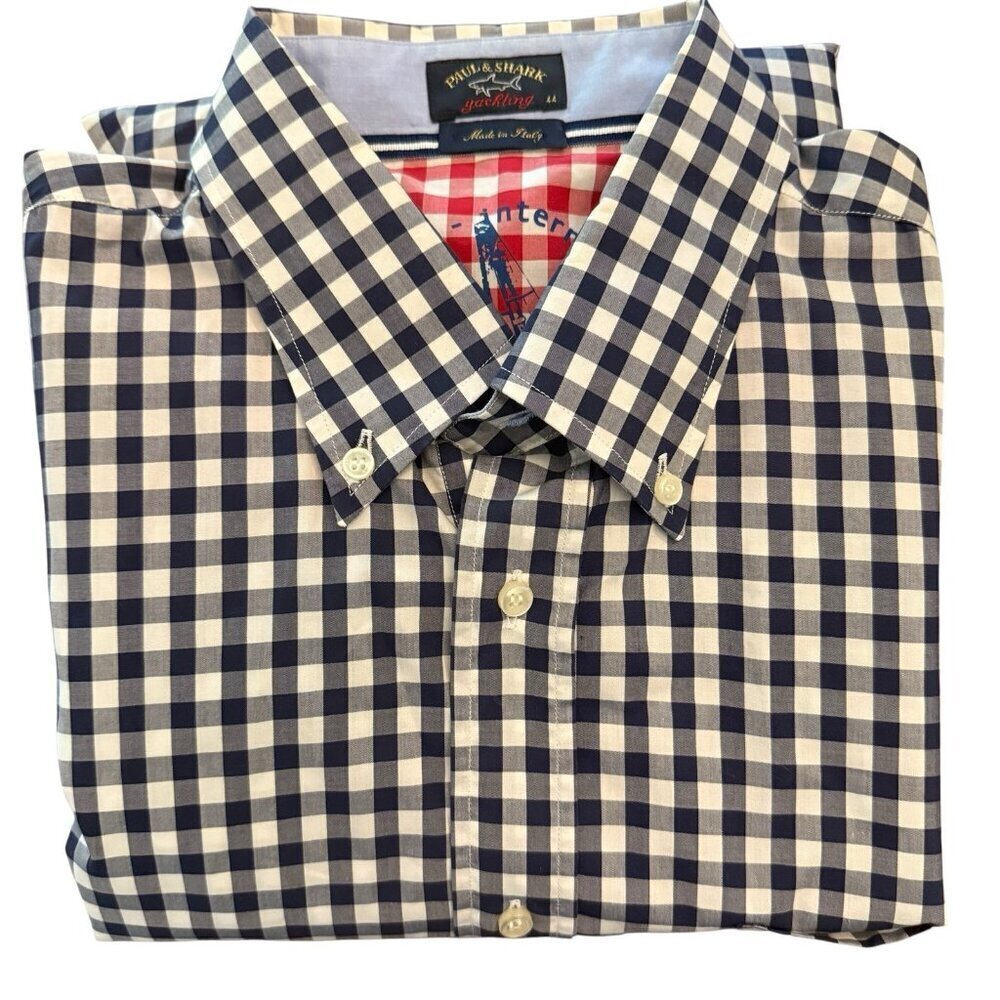 Paul & Shark Men's 44 Long Sleeve Shirt Navy & White Cotton Pocket Made in Italy